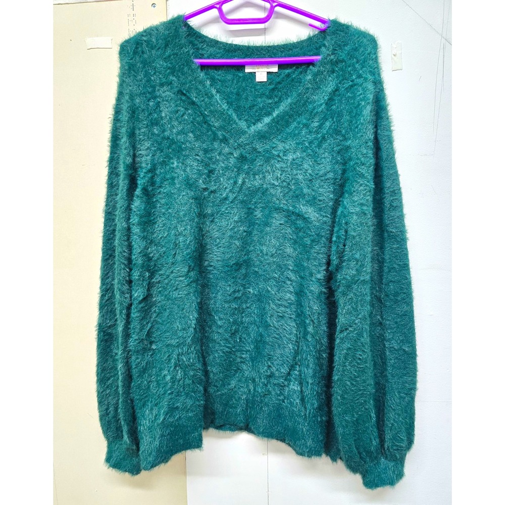 Jingle Bellies Women's Green Fuzzy Knit V-Neck Pullover Sweater Size M